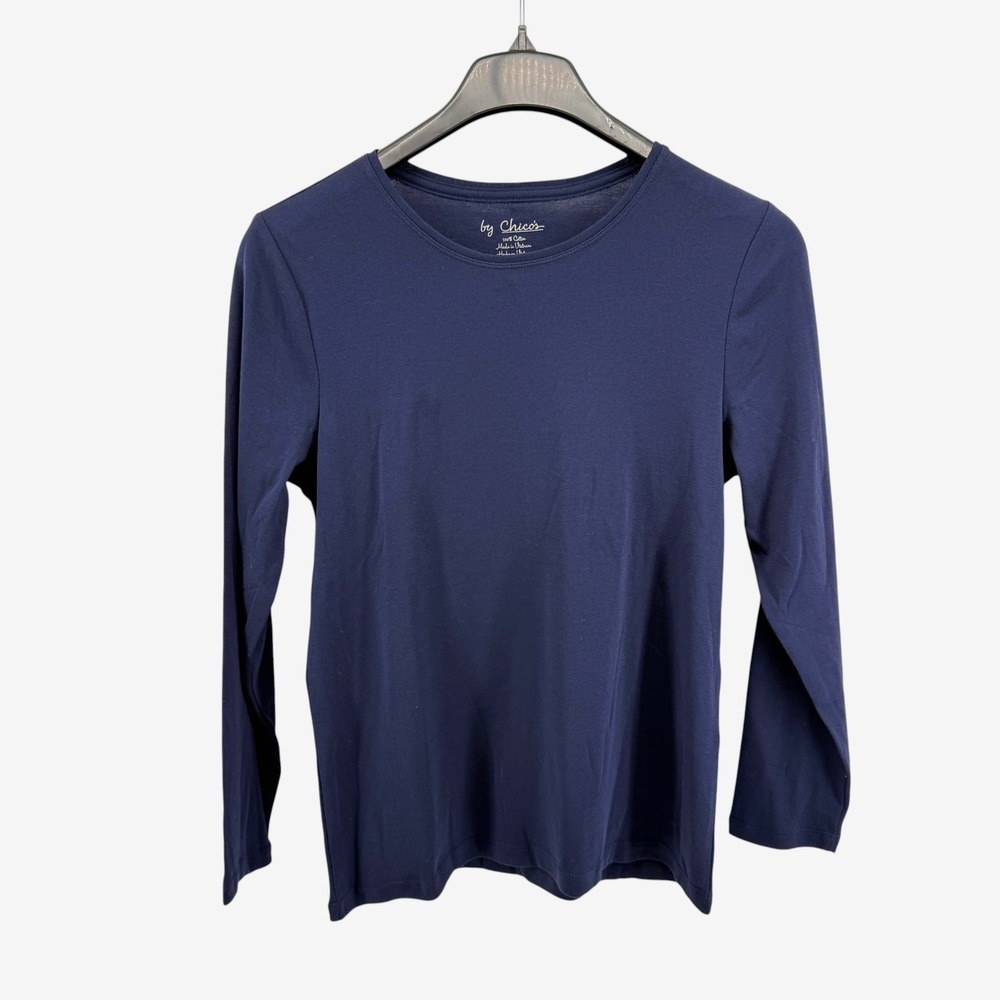 NEW Chicos‎ Long Sleeve Tee Women 2/Large Navy Blue Cotton Crew Neck Basic Shirt